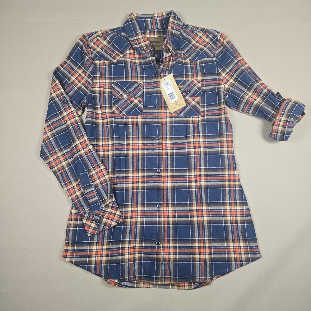 Legendary Whitetails Women's Stockyards Plaid Flannel Shirt Orange Blue SML NWT